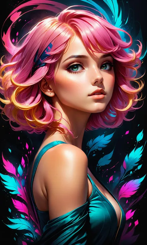 A surreal and creative concept art of a beautiful young woman with pink hair, in the style of WLOP and Charlie Bowater, highly detailed, soft lighting colors, artstation, deviantart, 8K, masterpiece, face enhance, graffiti paint, fine detail, full color, intricate detail, golden ratio illustration, face enhance, realistic shaded lighting, hyperdet <hypernet:BadHands:1> <lora:Details:0.85>