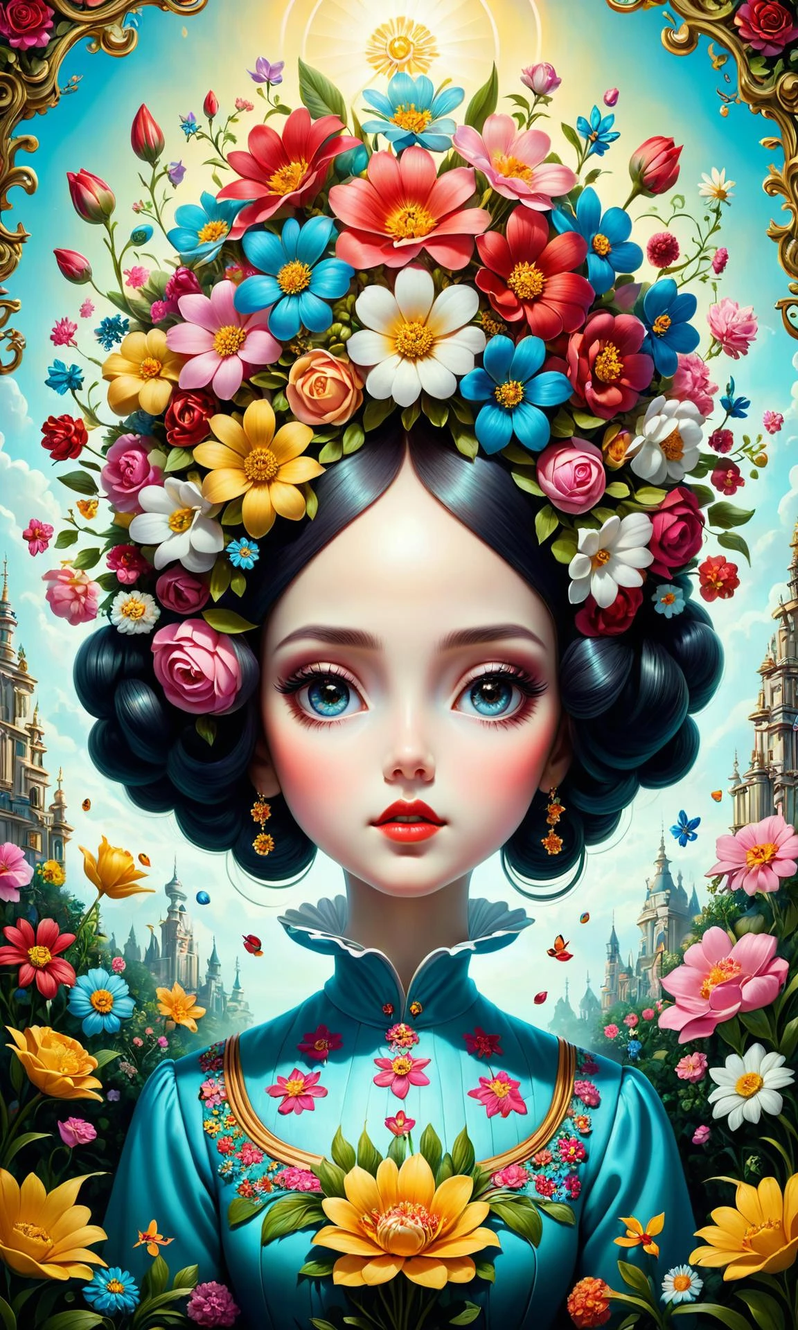A surreal and creative painting of a woman with flowers in her hair, an ultrafine detailed painting by Mark Ryden, trending on deviantart, pop surrealism, whimsical, lowbrow, perfect symmetrical face, sharp focus, octane, masterpiece, unreal engine 5 highly rendered, global illumination, radiant light, detailed and intricate environment. art by Krenz <hypernet:BadHands:1> <lora:Details:0.85>