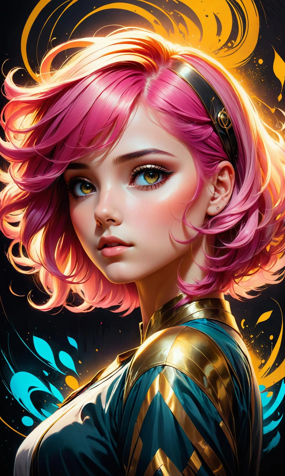 A surreal and creative concept art of a beautiful young woman with pink hair, in the style of WLOP and Charlie Bowater, highly detailed, soft lighting colors, artstation, deviantart, 8K, masterpiece, face enhance, graffiti paint, fine detail, full color, intricate detail, golden ratio illustration, face enhance, realistic shaded lighting, hyperdet <hypernet:BadHands:1> <lora:Details:0.85>
