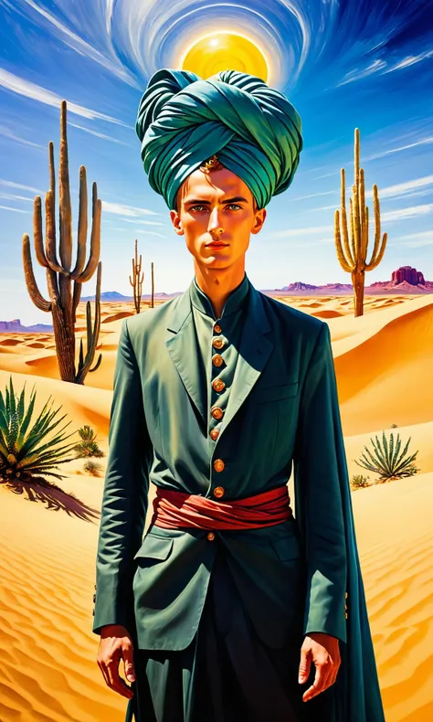 style of Edvard Munch, Piercing, sagacious eyes, mirage-like, the Sandswept dreamdweller, a trickster of dunes, clad in a wind-whispered turban, eternally smirking, sandswaggling over a dune-freckled miragepath in an ancient zephyr-twisted cactidle wilderness of towering dustfrond phantasmagorias, paying no heed to the sun-scorched skyripples above, Arid, Sand-whirled, Mirage, Cacti, Mystical Desert, oasis illusions. Edvard Munch style <lora:Details:1>