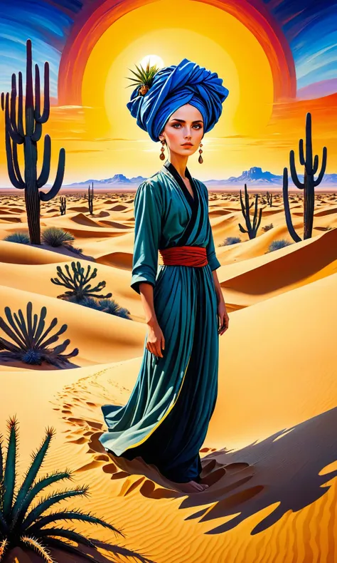 alone in the universe, in watercolor style, Photorealism, discreet golden and ruby and mint shades, (nude) gentle modest thin girl 16 years old (with a very beautiful exquisite face) southern type with short dark hair with beautiful breasts with tender nipples (barefoot) in a long orange skirt with ethnic patterns walking in the distance (Across the desert), stunted little plants, drought, precious jewelry on the neck and chest and on the wrists, precious bracelets, ankle bracelets