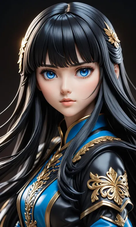 An ultra-detailed figurine of a beautiful young woman, wearingamiya leather, long black hair with bangs, wide face shot, blue eyes, anime art style, highly detailed, sharp focus, trending on ArtStation, HD, 8k, award winning, unreal engine 5, highly detailed, good lighting, beautiful, epic, masterpiece, in the style of Frank <lora:Details:0.85>