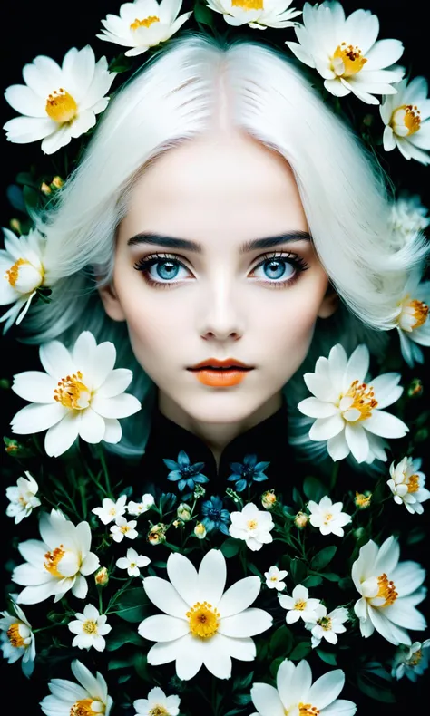 A close up photograph of a beautiful! woman. White hair, deep focus, highly detailed face!!!, symmetric eyes!!, cinestill 8 0 0 t, photography by paolo roversi and julia hetta, head shot, body made out of flowers in black background!, symmetry, dslr, 1 5 0 mm, f / 4.