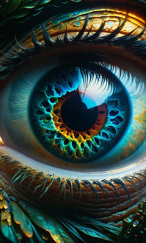 A close up photograph of an eye, highly detailed oil painting in a style of Beksinski. 4k HD image is Trending on Artstation and Octane render with dramatic color lighting. By Greg Rutkowski, Sung Choi. Extremely detailed, 8K resolution. Award winning photography. Cinematic lighting. Beautiful. Unreal engine 5. IMAX quality. Hyper realism