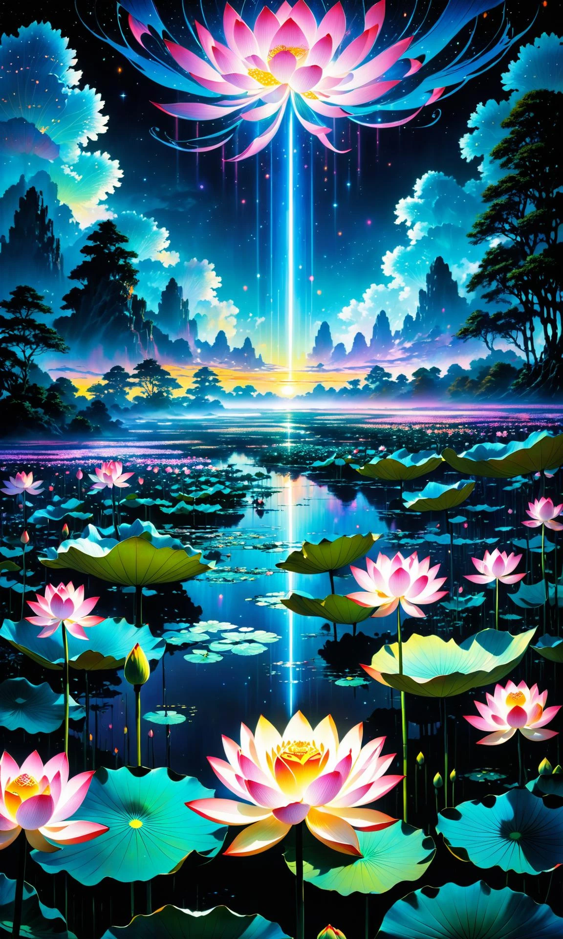 masterpiece, best quality, a landscape pastel in the style of noriyoshi ohrai of a field of lotus flowers, glowing with iridescent mana, night time early dawn. key art. 4 k retrofuturistic fantasy in Brooding landscapes, epic scale, German myth, layered symbolic density