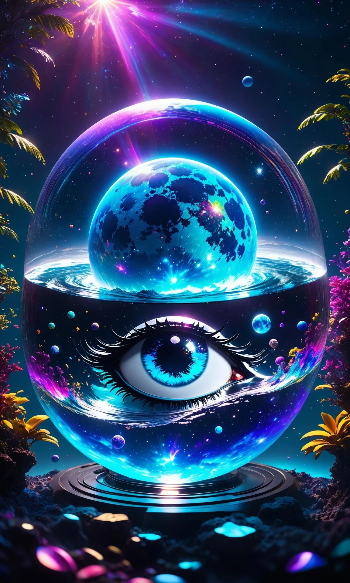 A night sky with stars, a giant blue moon in the center and nebulas that looks like an eye of lisa frank's face is floating under water inside glass sphere 4k hyperrealistic, dramatic lighting trending on artstation unreal engine octane render cinema4 Rahman. volumetric light ray flare by david hardy concept studio ghibli hayao miy