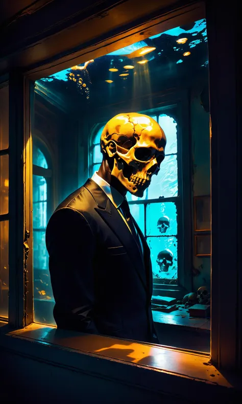 <lora:Skull:0.75> epoxy_skull, A skullish-dark skinned man in a black suit and tie looking through the window at a dimly lit old room with light coming from behind that</city caustics lighting macro lens::2&1'by James Gilleard ::2 by Jean Delville(underwater