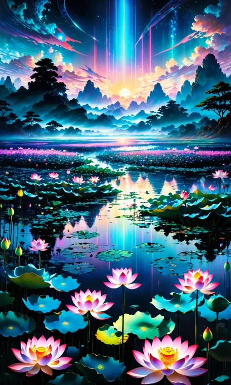 masterpiece, best quality, a landscape pastel in the style of noriyoshi ohrai of a field of lotus flowers, glowing with iridescent mana, night time early dawn. key art. 4 k retrofuturistic fantasy in Brooding landscapes, epic scale, German myth, layered symbolic density