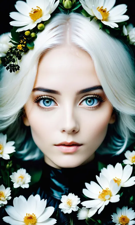 A close up photograph of a beautiful! woman. White hair, deep focus, highly detailed face!!!, symmetric eyes!!, cinestill 8 0 0 t, photography by paolo roversi and julia hetta, head shot, body made out of flowers in black background!, symmetry, dslr, 1 5 0 mm, f / 4.