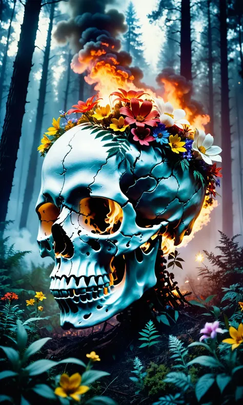 A close up photograph of the head is a skull, in a forest made from flowers on fire at night with fog and stars. Realistic The thing 1982 creature monochrome film look. Cinecolor color archival footage. Kodak Portra 400 film!!. F 2.8 lens flare. Very detailed. Hq. photorealism. GTA VFX art