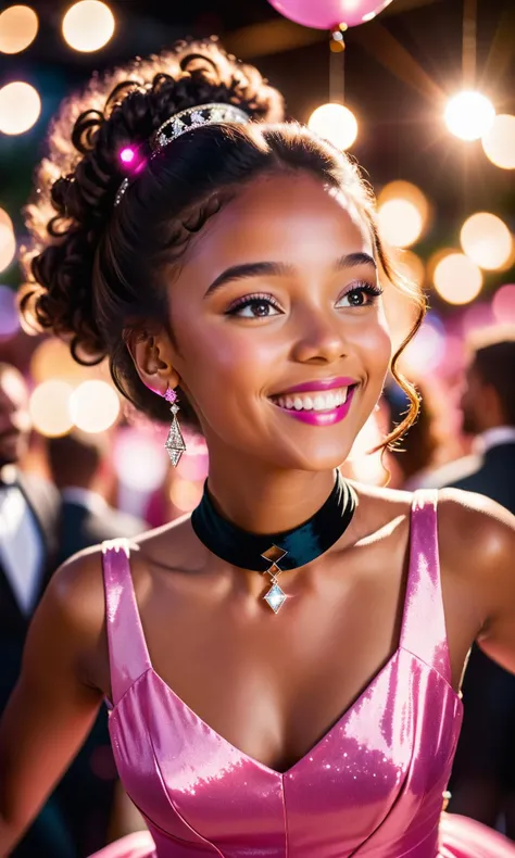 A close up photograph of a smiling young woman in pink dress dancing at a party, wearing a black choker, bokeh, 90mm, f/1.4, 4k, depth of field, beautiful light and shadow effects on the face, anamorphic lens flare, symmetrical, centered composition isometric view, cinematic photography, high definition, 8k