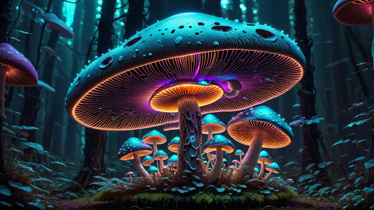 a futuristic flying mushroom,neon light,intricated detail