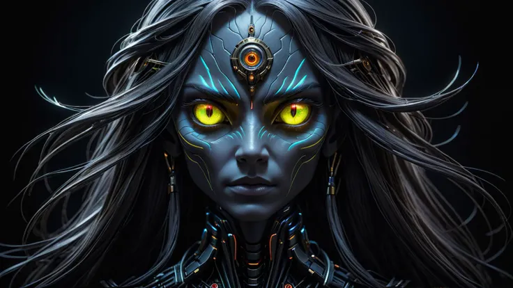 ((front facing portrait)), ((dark background)),Concept art of a beautiful, highly detailed humanoid with long thin hair and glowing neon eyes. High-definition quality film grain casting for an unrealistic moody vibe while maintaining realism by adding depth to the character's appearance in cinematic details rendered from photorealism effects + HDR10 photography combined withered into sharp focus detail over 2000s Raw photo painting style 8K hdr <lora:Details:0.85>