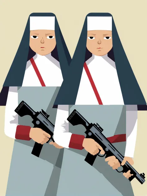 <lora:DD-vctr-xlv1:1>  vctr artstyle nuns with guns, simple details