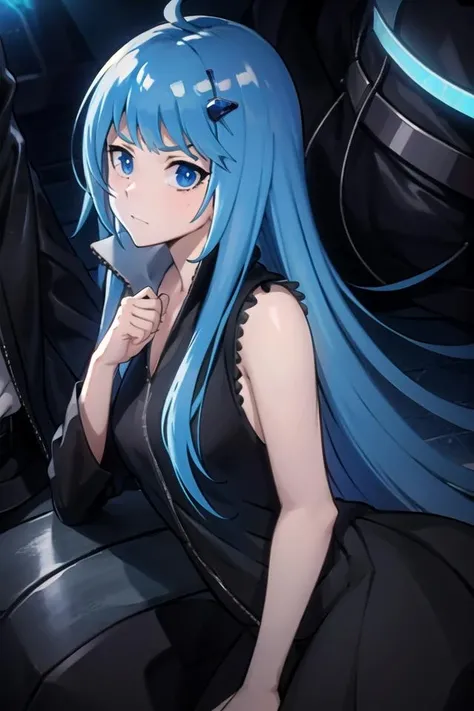 a girl,blue hair, (black clothes:1.2),(blue clips in hair:1.1), <lora:BluebellReborn:0.7>
