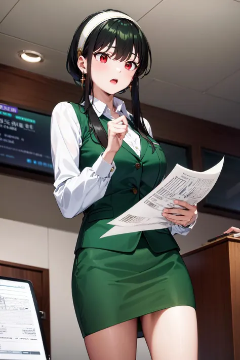 masterpiece, best quality, highres, bbyorf, short hair with long locks, white hairband, red eyes, gold earrings, large breasts, office lady, white shirt, collared shirt, green vest, long sleeves, green skirt, <lora:yor_forger_v1:0.8>, office, (paper:1.1), surprised, standing