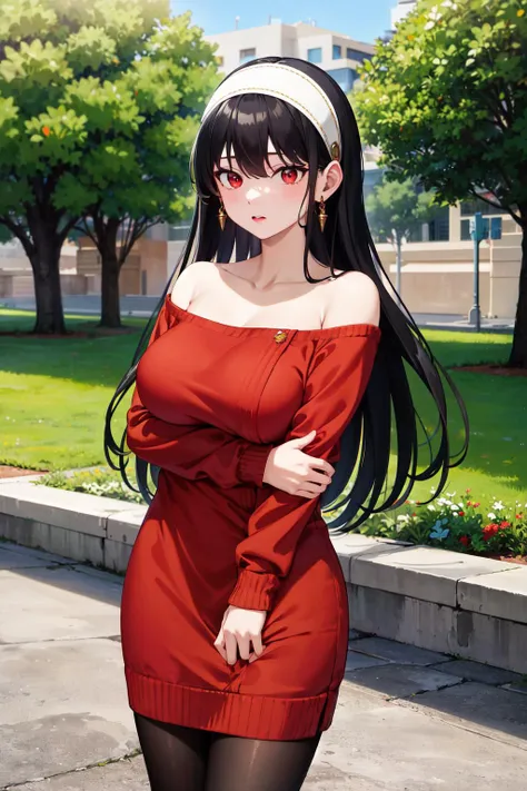 masterpiece, best quality, highres, bbyorf, long hair, white hairband, red eyes, gold earrings, large breasts, jewelry, off shoulder, red sweater, sweater dress, long sleeves, black pantyhose, <lora:yor_forger_v1:0.8>, cowboy shot, standing, outdoors