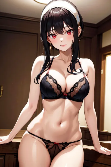 yorbriarratatata, yor briar ratatata, bangs, sidelocks, hairband, (red eyes:1.5), black hair,
BREAK cleavage, bare shoulders, underwear, collarbone, panties, underwear only, lingerie,
BREAK indoors, bed,
BREAK looking at viewer, (cowboy shot:1.5),
BREAK (masterpiece:1.2), best quality, high resolution, unity 8k wallpaper, (illustration:0.8), (beautiful detailed eyes:1.6), extremely detailed face, perfect lighting, extremely detailed CG, (perfect hands, perfect anatomy),