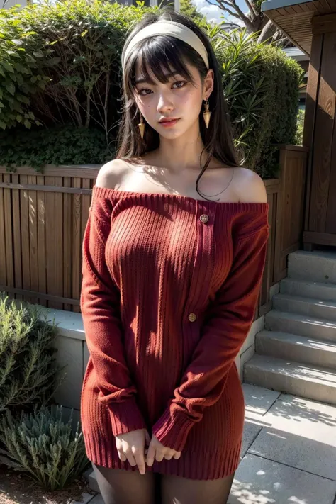 (realistic:1.3), finely detailed, quality, rembrandt lighting, (masterpiece:1.2), (photorealistic:1.2), (best quality), (detailed skin:1.3), (intricate details), dramatic, ray tracing, 1girl, japanese girl, 21 years old, detailed skin texture, (blush:0.5), (goosebumps:0.5), subsurface scattering, smiling, bbyorf, long hair, white hairband, gold earrings, large breasts, jewelry, off shoulder, (red sweater:1.4), sweater dress, long sleeves, black pantyhose, full body, (living room, sofa, window, night sky), <lora:yor_forger_v1:0.8>