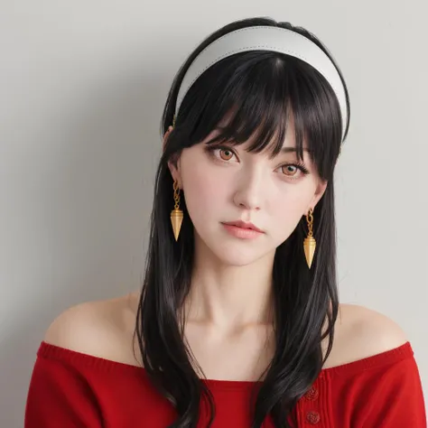 <lora:yor_forger_v1:1>  portrait photo of bbyorf, short hair with long locks, white hairband, (red eyes:1.1), gold earrings, large breasts, jewelry, off shoulder, red sweater, sweater dress, long sleeves, black pantyhose,  black hair,