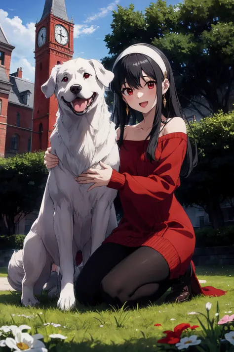 <lora:yor_forger_v1:0.8>, bbyorf, white hairband, long black hair, red eyes, gold earring, jewelry, off shoulder, red sweater, sweater dress, long sleeves, black pantyhose, smile, open mouth, kneeling, grass, POV, looking at viewer, beckoning, absurdres, highres, (official art, beautiful and aesthetic:1.2), ultra detail, close view, aerial, beautiful person, university, school building, tree, clock tower, lamppost, (white large dog, long fur:1.2),