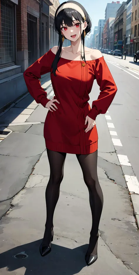 masterpiece, best quality, highres, bbyorf, short hair with long locks, white hairband, red eyes, gold earrings, large breasts, jewelry, off shoulder, red sweater, sweater dress, long sleeves, black pantyhose, <lora:yor_forger_v1:0.8>, outdoors, standing cowboy shot, smile, open mouth, hand on hip,full body,