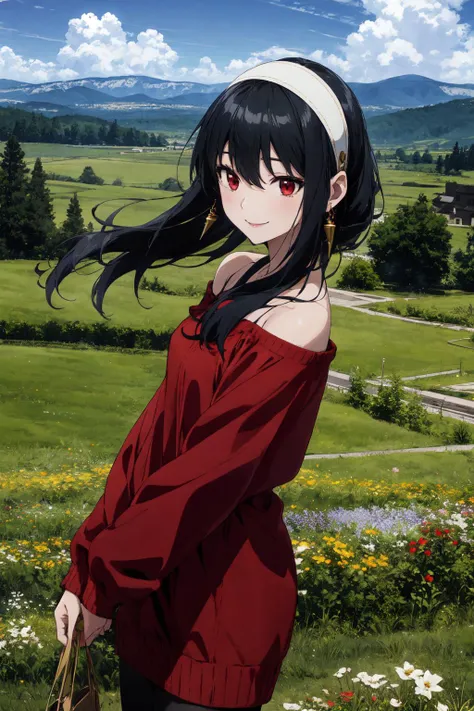 <lora:yor_forger_v1:0.8>, bbyorf, white hairband, long black hair, red eyes, gold earring, jewelry, off shoulder, red sweater, sweater dress, long sleeves, black pantyhose, absurdres, highres, (official art, beautiful and aesthetic:1.2), ultra detail, close view, aerial, beautiful person, grassland, bule sky, wind effects, flower effects, falling petals, high hill, vast world, nature, smile,