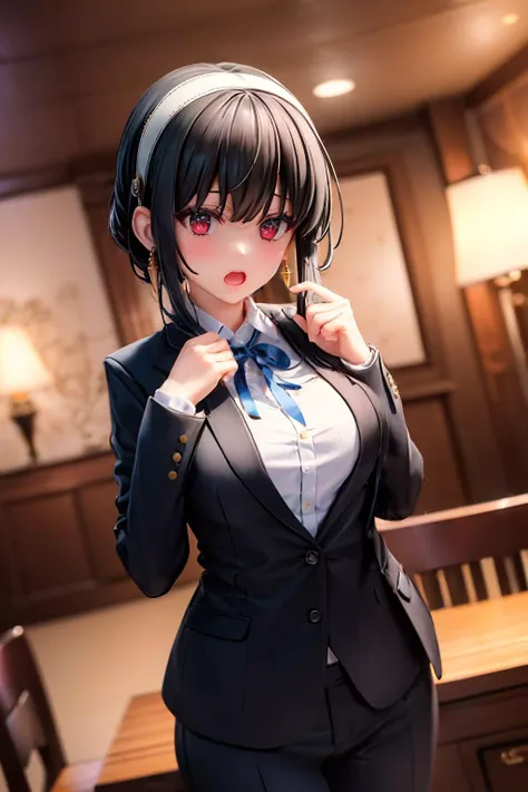 masterpiece, ((ultra detailed background, delicate pattern, intricate detail)), (highly detailed, fine details), best quality, beautiful lighting, 4K, 8K, beautiful detailed eyes, (medium breasts, slim girl), 
1girl, surprised, panicked, black hair, (black suit:1.3), (formal suit:1.4), black coat, black buttons, (blue ribbon:1.3), earrings, jewelry, constricted pupils, jacket, short hair, open mouth, ribbon, solo, white hairband, room of cruise ship, standing, painting on wall, 
<lora:yor_forger_v1:0.8>, 
<lora:detail_slider_v4:1>,
<lora:more_details:0.2>,
<lora:shou-v50:0.2>,