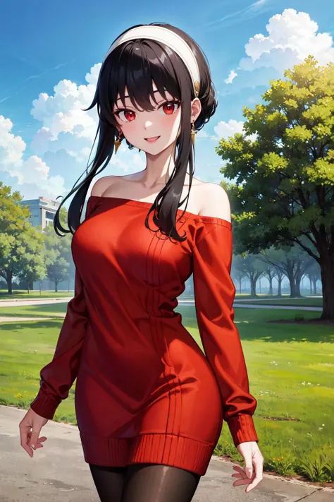 masterpiece, best quality, highres, bbyorf, short hair with long locks, white hairband, red eyes, gold earrings, large breasts, jewelry, off shoulder, red sweater, sweater dress, long sleeves, black pantyhose, <lora:yor_forger_v1:0.8>, outdoors, standing cowboy shot, smile,