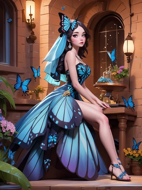 8k, masterpiece, highly detailed, 1girl, blue morpho (butterfly dress), <lora:butterfly_dress-1.0:1>