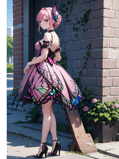 8k, masterpiece, highly detailed, girl, pink rose (butterfly dress), <lora:butterfly_dress-1.0:0.8>,
