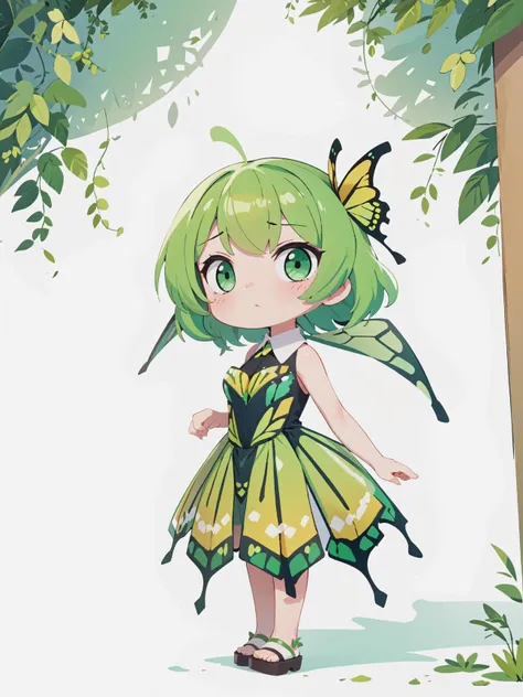 8k, masterpiece, highly detailed, girl, common green birdwing (butterfly dress), <lora:butterfly_dress-1.0:1>, chibi, confused look, head tilt