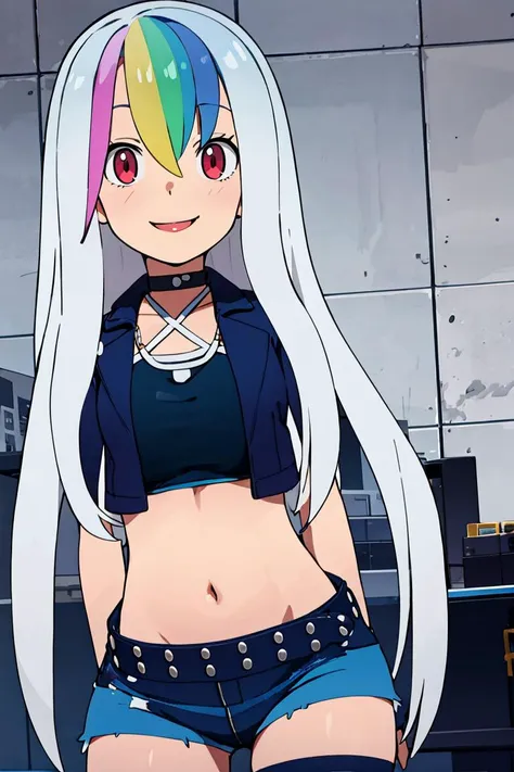 <lora:Alola_Style:0.65>,((masterpiece,best quality)), absurdres, <lora:Roxy_Citron_OC_AnyLora:0.8>, Roxy_Citron_OC,  1girl, solo, red eyes, white hair, rainbow hair, long hair, streaked hair, hair between eyes,  open jacket, black jacket, midriff, crop top, cropped jacket, belt, criss-cross halter, shorts, shirt, choker, black thighhighs,  jewelry,  solo, smiling, looking at viewer, cowboy shot,