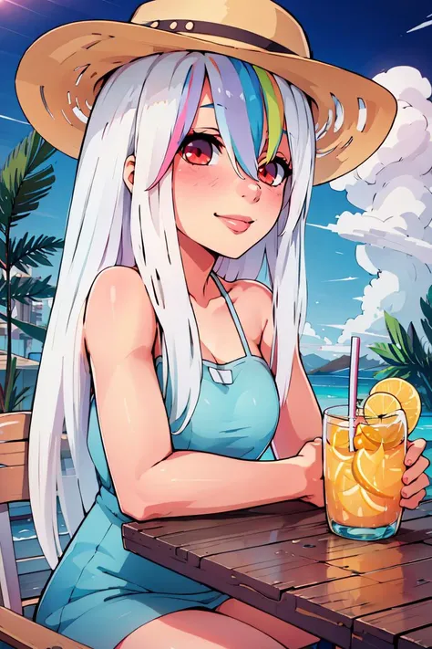 ((masterpiece,best quality)), absurdres, <lora:Roxy_Citron_OC_AnyLora:0.8>, Roxy_Citron_OC,  1girl, solo, red eyes, white hair, rainbow hair, long hair, streaked hair, hair between eyes, smile,sitting at table, vivid detailed tropical drink, two straws, white sundress, sun hat, flowing winds, sunny, outdoors, upper body,