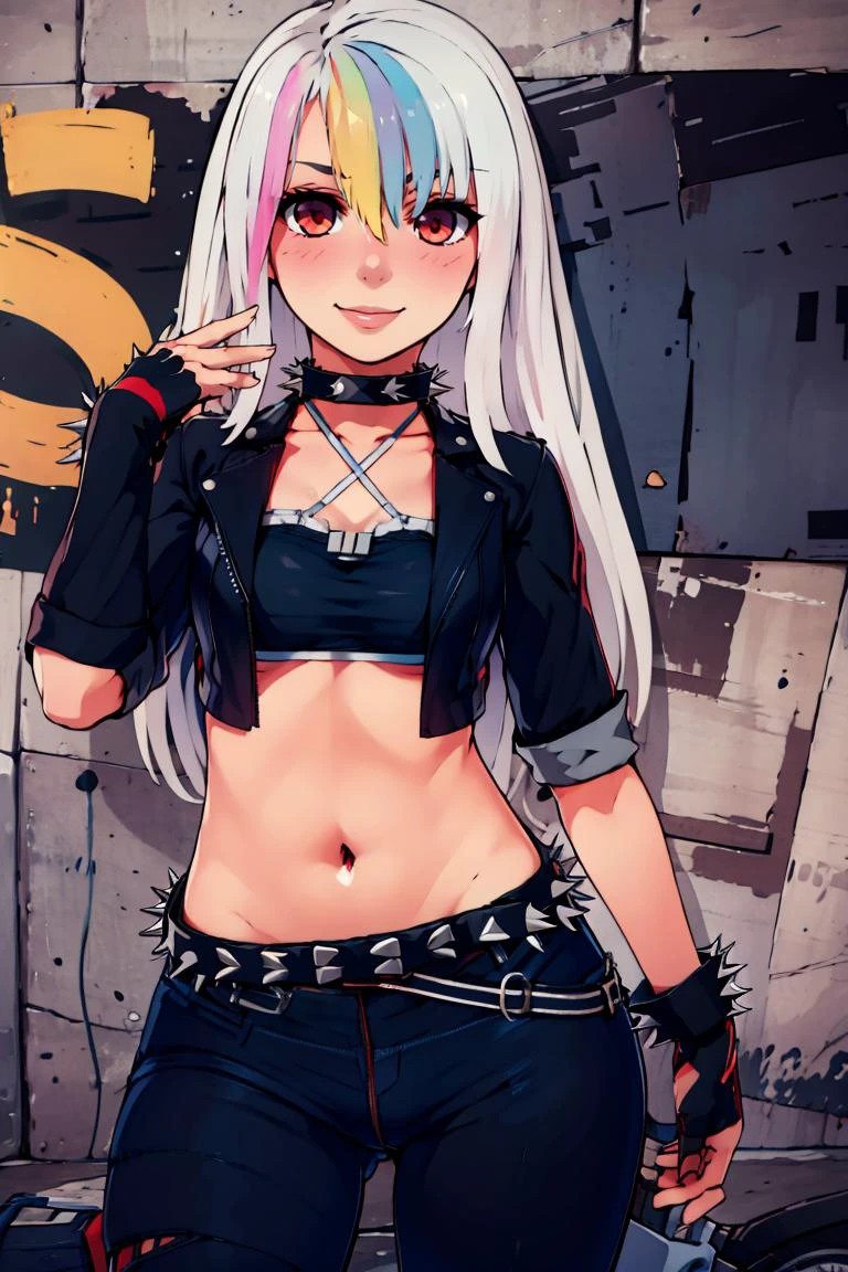 ((masterpiece,best quality)), absurdres, <lora:Roxy_Citron_OC_AnyLora:0.8>, Roxy_Citron_OC, 1girl, solo, red eyes, white hair, rainbow hair, long hair, streaked hair, hair between eyes, smile, leather jacket, leather pants, strapless bra, black jacket, tight pants, black choker, zipper, fingerless gloves, biker clothes, spikes, unzipped, multiple belts, shiny clothes, high collar, CONCEPT_graffiti_wall_ownwaifu, (graffiti:1.2), brick wall,<lora:CONCEPT_graffiti_wall_ownwaifu-15:1>