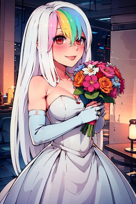 ((masterpiece,best quality)), absurdres, <lora:Roxy_Citron_OC_AnyLora:0.8>, Roxy_Citron_OC, 1girl, solo, red eyes, white hair, rainbow hair, long hair, streaked hair, hair between eyes, smile, bride, wedding dress, bridal veil, strapless dress, elbow gloves, holding bouquet,