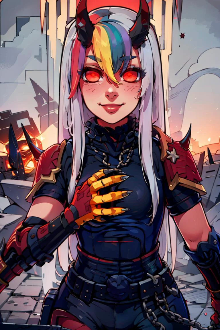 Khorne's daughter,
((masterpiece,best quality)),
<lora:Khorne_World:0.9>,
Khorne_World, (skulls),( red armor, chain, spikes, shoulder armor, gauntlets, glowing eyes, pauldrons, full armor, demon, horns:1.1),
<lora:Roxy_Citron_OC_AnyLora:0.7>, Roxy_Citron_OC, 1girl, solo, red eyes, white hair, rainbow hair, long hair, streaked hair, hair between eyes, smile, looking at viewer,
(smug, evil smile),
red glow, red theme, fire,