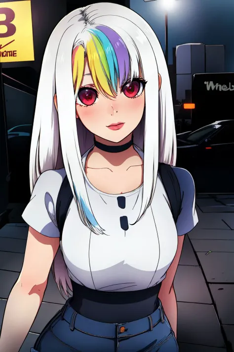 masterpiece, best quality, 1girl, solo, detailed eyes, detailed hands, highres,
<lora:add_detail:0.2>, glowing, light particles, looking at viewer,
<lora:Roxy_Citron_OC_AnyLora:0.7> , Roxy_Citron_OC, red eyes, white hair, rainbow hair, long hair, streaked hair, hair between eyes, choker, thighs, medium breasts, (white shirt:1.3), short sleeves, (high-waist pants:1.4), black pants, belt, dynamic pose, street, outside, <lora:NeocoillArtist:1>