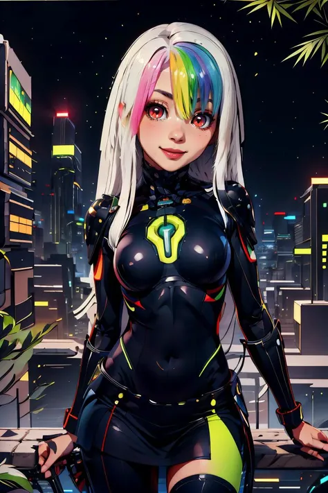 <lora:BambooTech:1.2>, bambootech , scifi, bamboo, fibers(thick outlines, comics,:1.1), perfect hands, masterpiece:1.2, (hip to the side, head tilt:1.2), smug, smirk, looking at viewer, <lora:Roxy_Citron_OC_AnyLora:0.8>, Roxy_Citron_OC, 1girl, solo, red eyes, white hair, rainbow hair, long hair, streaked hair, hair between eyes, smile, green clothes, glowing clothes, skirt, cowboy shot, detailed background, detailed face, detailed eyes, <lora:more_details:0.7>,