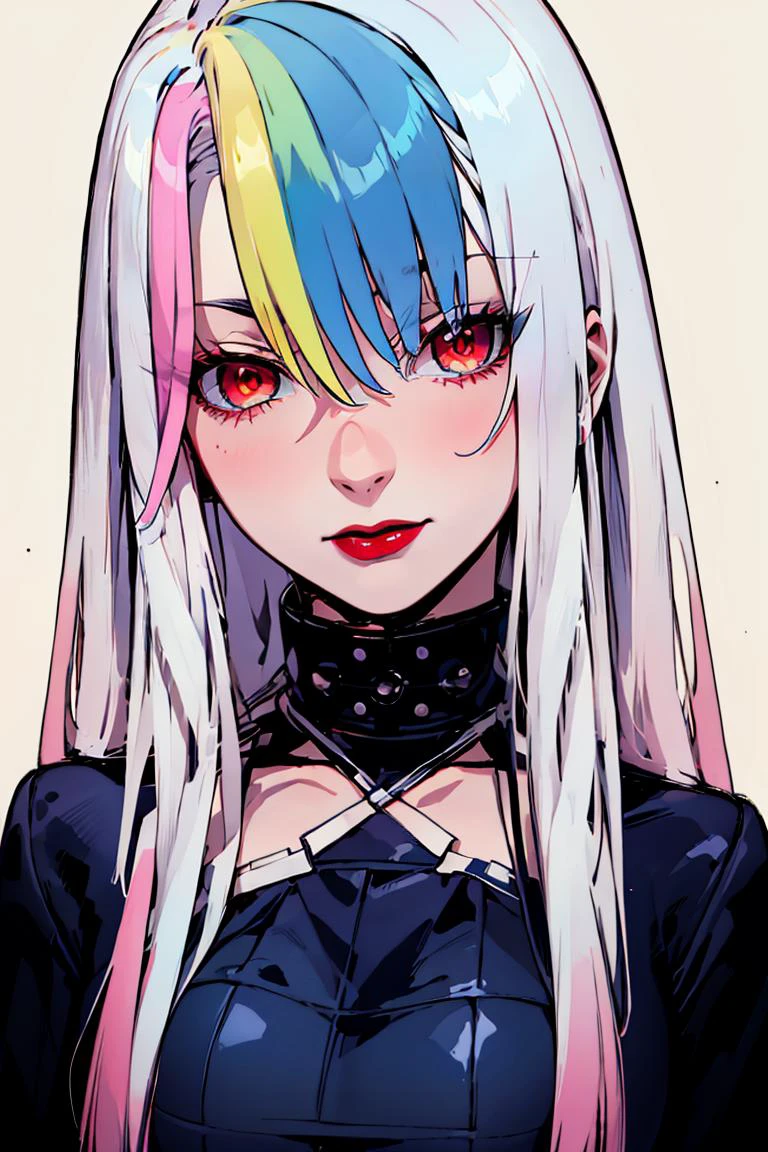 <lora:Minimalistic_Style:0.6>, black background, ((masterpiece,best quality)), absurdres, upper body,
<lora:Roxy_Citron_OC_AnyLora:0.8>, Roxy_Citron_OC, 1girl, solo, red eyes, white hair, rainbow hair, long hair, streaked hair, hair between eyes, head tilt, red lips,
pink hair, yellow hair, green hair, blue hair,