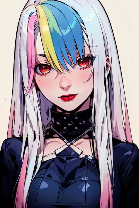 <lora:Minimalistic_Style:0.6>, black background, ((masterpiece,best quality)), absurdres, upper body,
<lora:Roxy_Citron_OC_AnyLora:0.8>, Roxy_Citron_OC,  1girl, solo, red eyes, white hair, rainbow hair, long hair, streaked hair, hair between eyes, head tilt, red lips,
pink hair, yellow hair, green hair, blue hair,