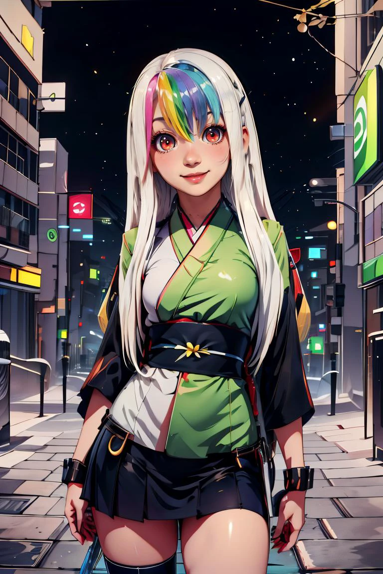 <lora:BambooTech:1.2>, bambootech , scifi, bamboo, fibers, (green kimono, traditional japanese clothes:1), (thick outlines, comics,:1.1), perfect hands, masterpiece:1.2, (hip to the side, head tilt:1.2), smug, smirk, looking at viewer, <lora:Roxy_Citron_OC_AnyLora:0.8>, Roxy_Citron_OC, 1girl, solo, red eyes, white hair, rainbow hair, long hair, streaked hair, hair between eyes, smile, glowing clothes, skirt, cowboy shot, detailed background, detailed face, detailed eyes, <lora:more_details:0.7>,