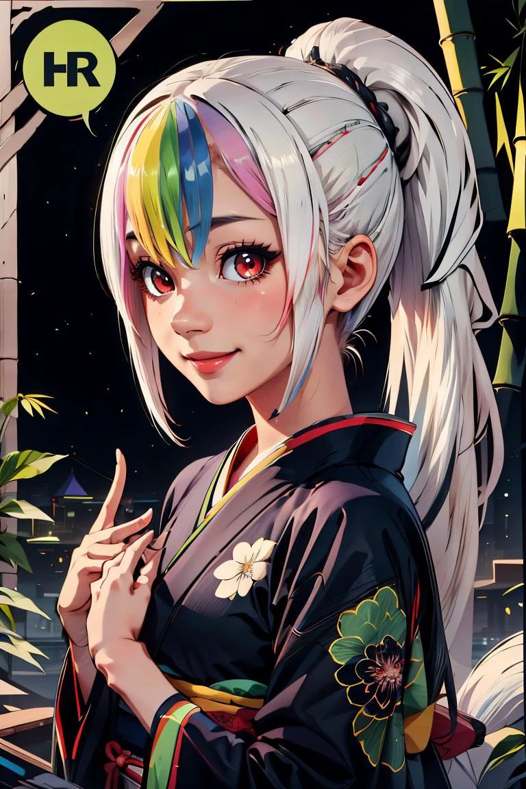 <lora:BambooTech:1>, bambootech , scifi, bamboo, fibers, (green kimono, traditional japanese clothes:1) ponytail, (thick outlines, comics), perfect hands, masterpiece:1.2, smile, looking at viewer, <lora:Roxy_Citron_OC_AnyLora:0.7>, Roxy_Citron_OC, 1girl, solo, red eyes, white hair, rainbow hair, long hair, streaked hair, hair between eyes, smile, dynamic pose, cowboy shot, detailed background, detailed face, detailed eyes, <lora:more_details:0.5>,