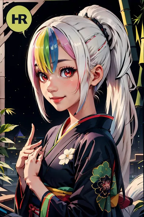 <lora:BambooTech:1>, bambootech , scifi, bamboo, fibers, (green kimono, traditional japanese clothes:1) ponytail, (thick outlines, comics),  perfect hands, masterpiece:1.2, smile, looking at viewer,  <lora:Roxy_Citron_OC_AnyLora:0.7>, Roxy_Citron_OC, 1girl, solo, red eyes, white hair, rainbow hair, long hair, streaked hair, hair between eyes, smile, dynamic pose, cowboy shot,  detailed background, detailed face, detailed eyes,  <lora:more_details:0.5>,