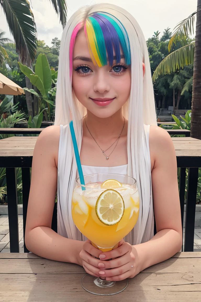 ((masterpiece,best quality)), <lora:Roxy_Citron_OC_AnyLora:0.6>, beautiful eyes,
Roxy_Citron_OC, 1girl, solo, red eyes, white hair, rainbow hair, long hair, streaked hair, hair between eyes, smile, sitting at table, vivid detailed tropical drink, two straws, white sundress, flowing winds, sunny, outdoors, upper body,