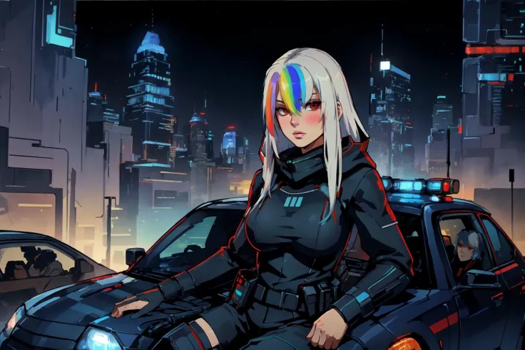 (best quality, masterpiece, high resolution:1.3), detailed painting, oil painting,absurdes,solo,young female cyborg,(leaning on  car hood:1.25),on back, flat chest,mechanical parts,Roxy_Citron_OC, red eyes, white hair, rainbow hair, long hair, streaked hair, hair between eyes,(blush:1.1), BREAK
In a sprawling cyberpunk city reminiscent of "Ghost in the Shell" and "Akira," a young female cyborg police officer stands in a close-up shot, leaning gracefully against the hood of her high-tech patrol car. The detailed oil painting captures the influence of Mamoru Oshii's atmospheric storytelling, Masamune Shirow's intricate cybernetic designs, and Chris Moore's gritty urban aesthetics. The officer's cybernetic enhancements, inspired by Shirow's vision, seamlessly blend with her human features, reflecting the delicate balance between man and machine. The background showcases towering skyscrapers, neon-lit billboards, and holographic displays, evoking the cyberpunk essence of "Blade Runner." The time of day is set during the twilight hours, with the city bathed in the warm hues of artificial lights. The realism level is meticulously high, bringing out the fine details of both the officer's cybernetics and the futuristic city. The lighting, reminiscent of Oshii's atmospheric compositions, accentuates the reflective surfaces of the cybernetic enhancements, creating a visually stunning and immersive scene.bichu,warm color scheme,glowing,vibrant hair color,
<lora:BearlySD:0.85>
<lora:bichu-v0612(oil painting):0.5> 
<lora:Roxy_Citron_OC_AnyLora:0.7>