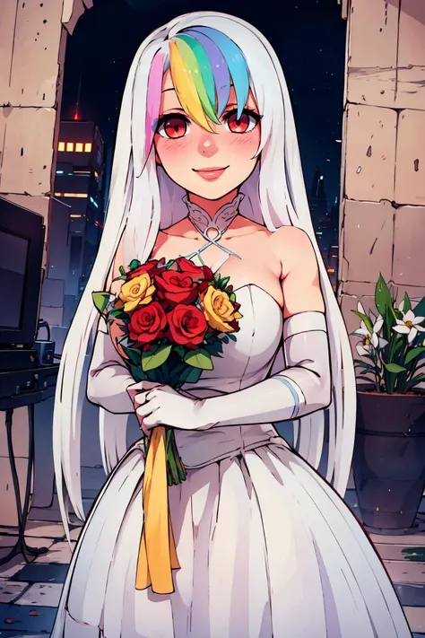 ((masterpiece,best quality)), absurdres, <lora:Roxy_Citron_OC_AnyLora:0.8>, Roxy_Citron_OC, 1girl, solo, red eyes, white hair, rainbow hair, long hair, streaked hair, hair between eyes, smile, bride, wedding dress, bridal veil, strapless dress, elbow gloves, holding bouquet,