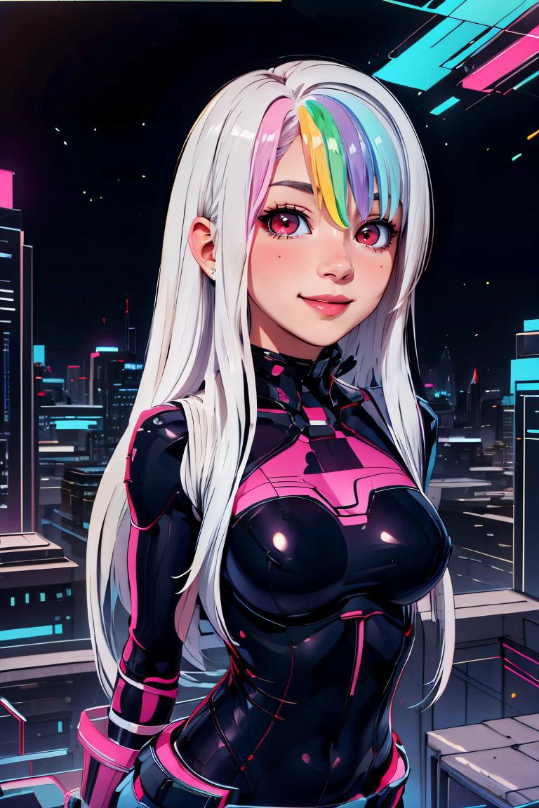 <lora:RetrowaveTech:1>,retrowavetech ,scifi, virtual, vaporwave , wireframe , colored glowing hair , (magical girl, idol, k-pop, music notes:1),(thick outlines, comics), perfect hands, masterpiece:1.2, smile, looking at viewer, <lora:Roxy_Citron_OC_AnyLora:0.7>, Roxy_Citron_OC, 1girl, solo, red eyes, white hair, rainbow hair, long hair, streaked hair, hair between eyes, smile, dynamic pose, cowboy shot, detailed background, detailed face, detailed eyes, <lora:more_details:0.5>,