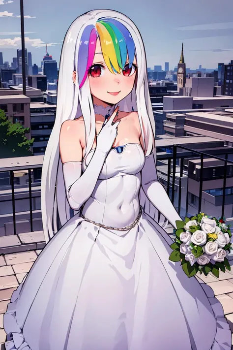 ((masterpiece,best quality)), absurdres, <lora:Roxy_Citron_OC_AnyLora:0.8>, Roxy_Citron_OC,  1girl, solo, red eyes, white hair, rainbow hair, long hair, streaked hair, hair between eyes, smile,  bride, wedding dress, bridal veil, strapless dress, elbow gloves,  holding bouquet,