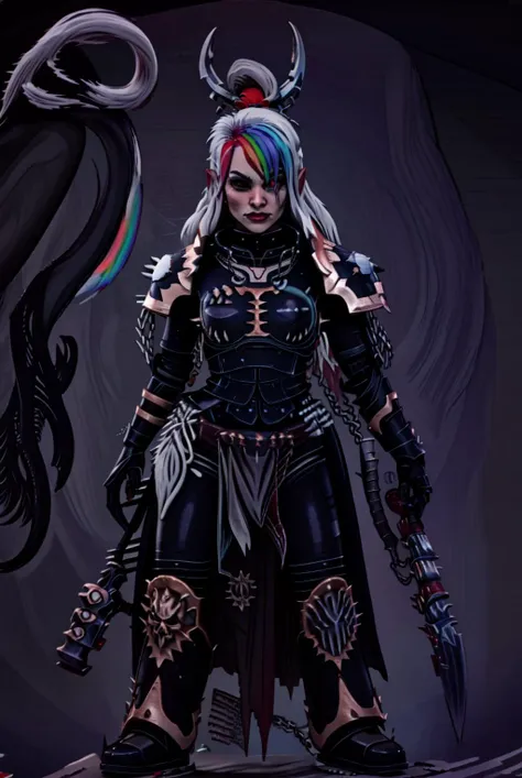 Roxy_Citron_OC, 1girl, solo, red eyes, ((white hair, rainbow hair, long hair, streaked hair, hair between eyes,)), full armor, black legion, pauldrons, skull, shoulder spikes, claws, horns, spikes, power talon, arm cannon, skull ornament, glowing, cape, terminator armor, gauntlets, chain, holding axe, pelvic curtain, full_body, standing,